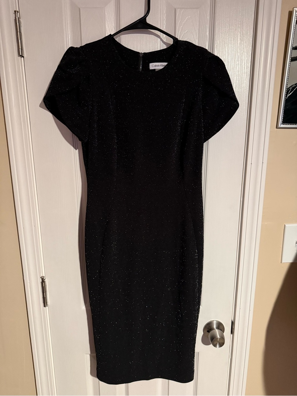 Calvin Klein Black Sparkle Midi Sheath Dress with Puff Sleeves